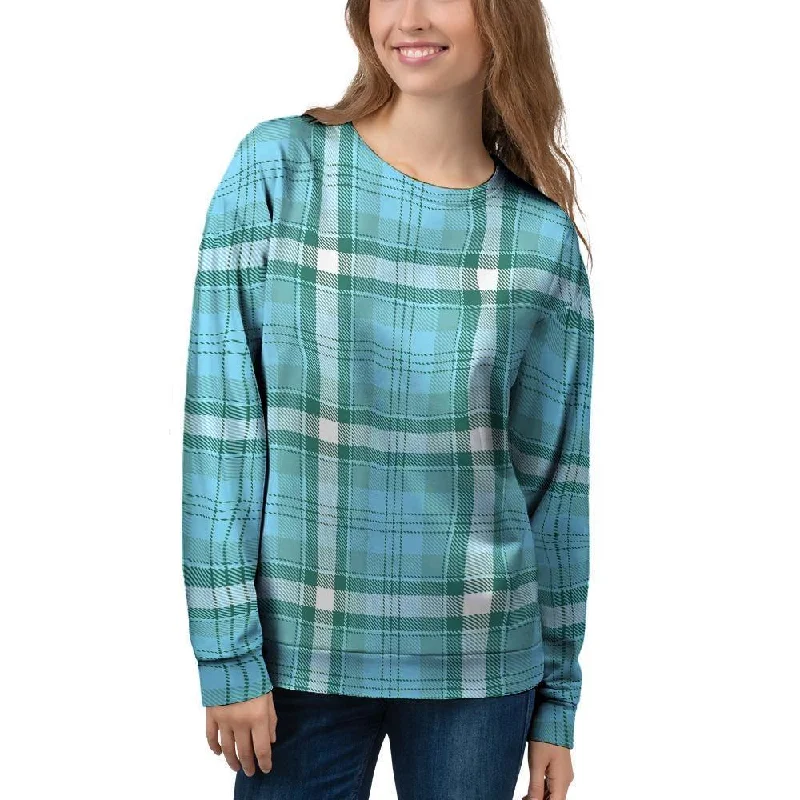 Tartan Aqua Blue Plaid Women's Sweatshirt Hoodie with Rhinestones Sparkly Elegant
