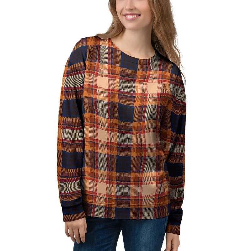 Tartan Brown Plaid Women's Sweatshirt Hoodie with Fur Luxurious Winter