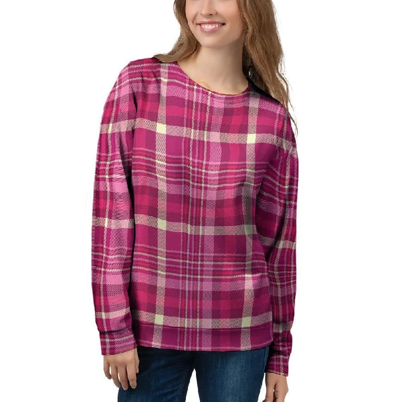 Tartan Pink Plaid Women's Sweatshirt Hoodie with Ribbed Hem Stretchable Secure