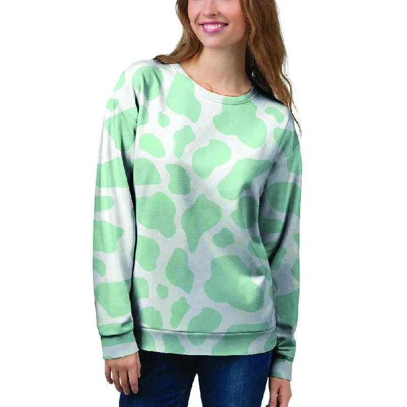 Teal And White Cow Print Women's Sweatshirt Hoodie with Hem Frayed Vintage Worn