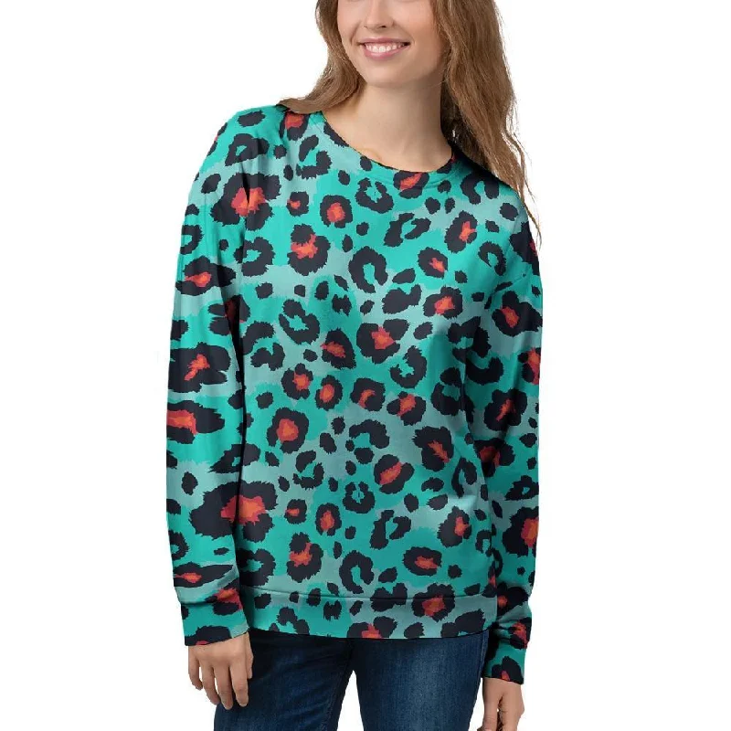 Teal Leopard Women's Sweatshirt Hoodie with Hem Lace Feminine Delicate