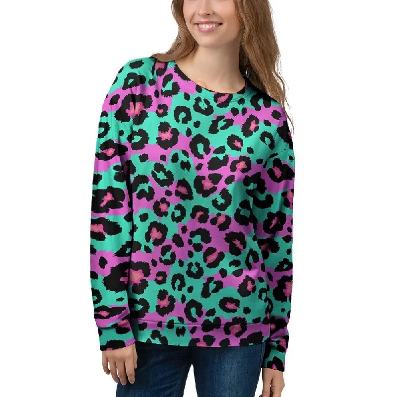Teal Pink Leopard Women's Sweatshirt Hoodie with Back Slit Movement Comfort