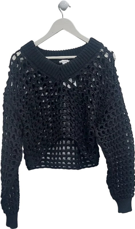 Topshop Black Open Knit Crochet Jumper UK XS Hooded Sweater Collared Sweater Shawl Collar