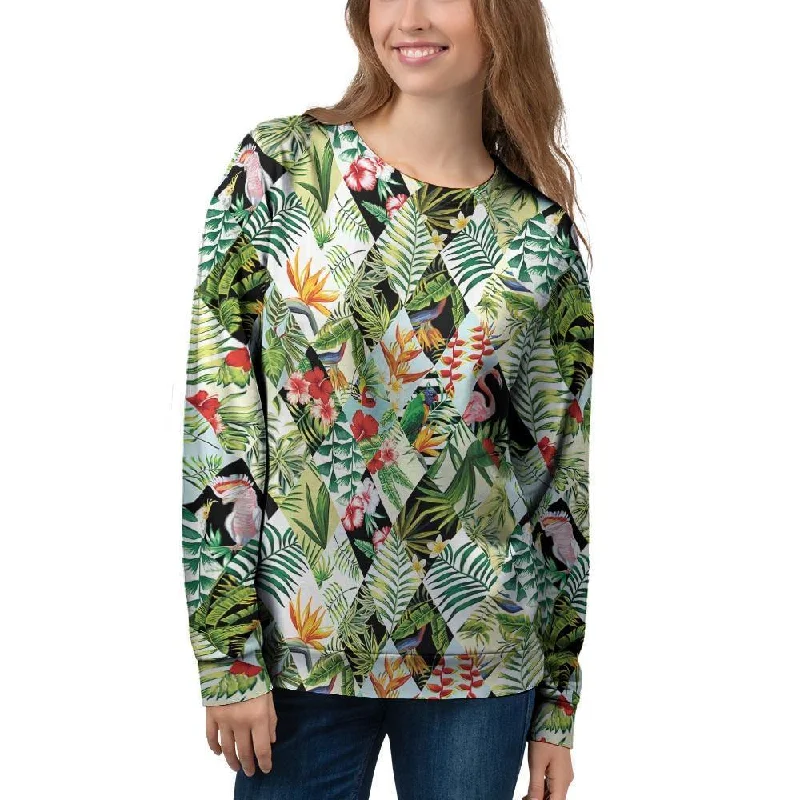 Tropical Bird Patchwork Print Women's Sweatshirt Hoodie with Lace Feminine Delicate