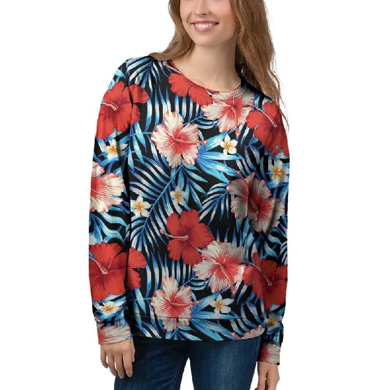 Tropical Hibiscus Flower Print Women's Sweatshirt Hoodie with Hem Contrast Bold Stylish Tropical Hibiscus Flower Print Women's Sweatshirt Hoodie with Hem Contrast Bold Stylish
