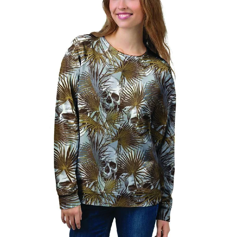 Tropical Leaf Skull Women's Sweatshirt Hoodie with Hem Embroidery Detailed Premium