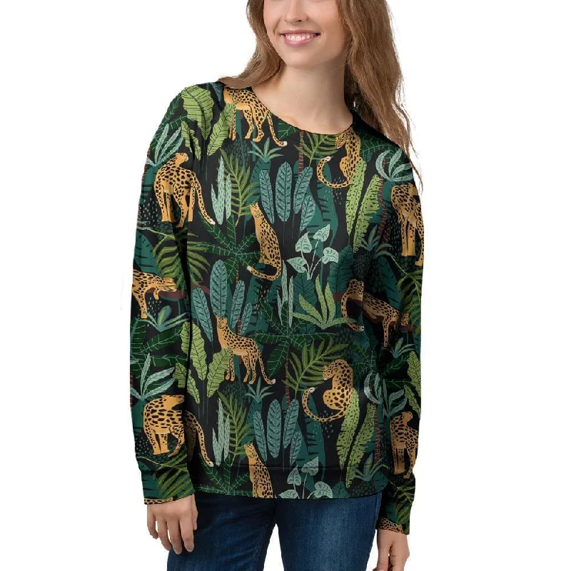 Tropical Leopard Hawaiian Print Women's Sweatshirt Hoodie with Hem Drawcord Adjustable Customizable Tropical Leopard Hawaiian Print Women's Sweatshirt Hoodie with Hem Drawcord Adjustable Customizable