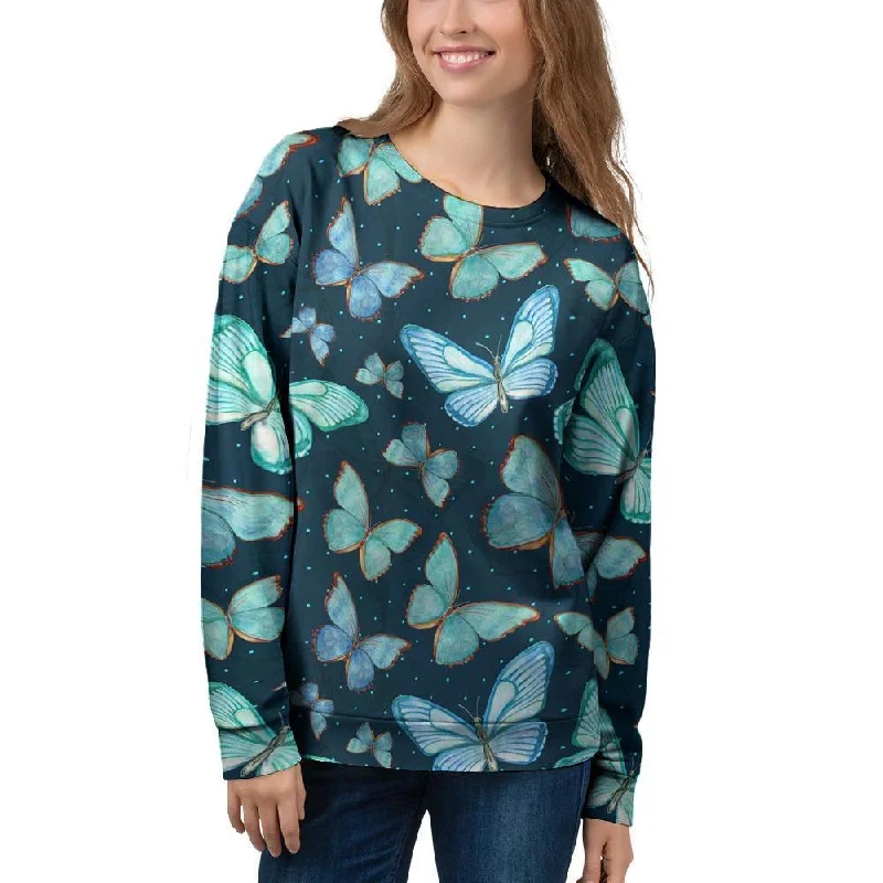 Turquoise Butterfly Print Women's Sweatshirt Hoodie with Half-Zip Sporty Casual