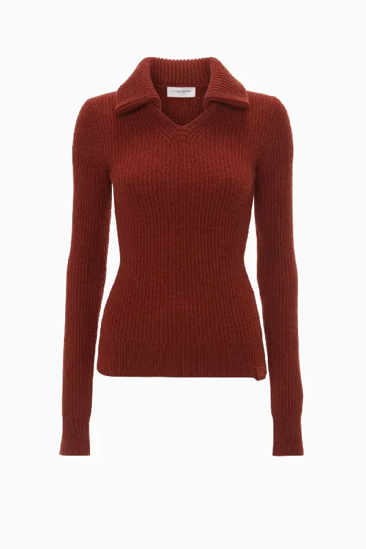 Victoria Beckham Double Collared Jumper - Russet Zippered Front Buttoned Front Snap Front