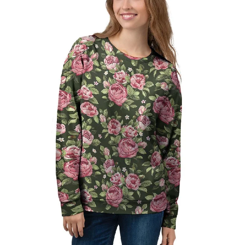 Vintage Pink Rose Floral Print Women's Sweatshirt Hoodie Dress Longline Feminine