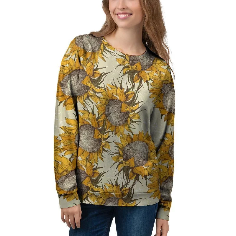 Vintage Sunflower Women's Sweatshirt Hoodie with Hem Raw Edge Edgy Unfinished