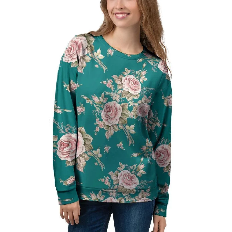 Vintage Watercolor Pink Rose Flower Print Women's Sweatshirt Hoodie with Hem Embroidery Detailed Premium Vintage Watercolor Pink Rose Flower Print Women's Sweatshirt Hoodie with Hem Embroidery Detailed Premium