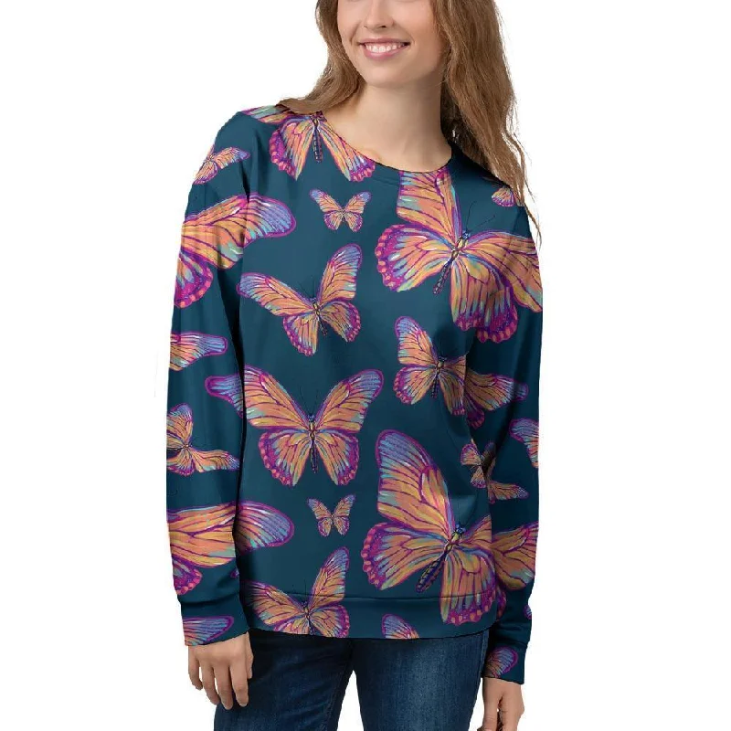 Watercolor Butterfly Print Women's Sweatshirt Hoodie with Side Slits Relaxed Casual