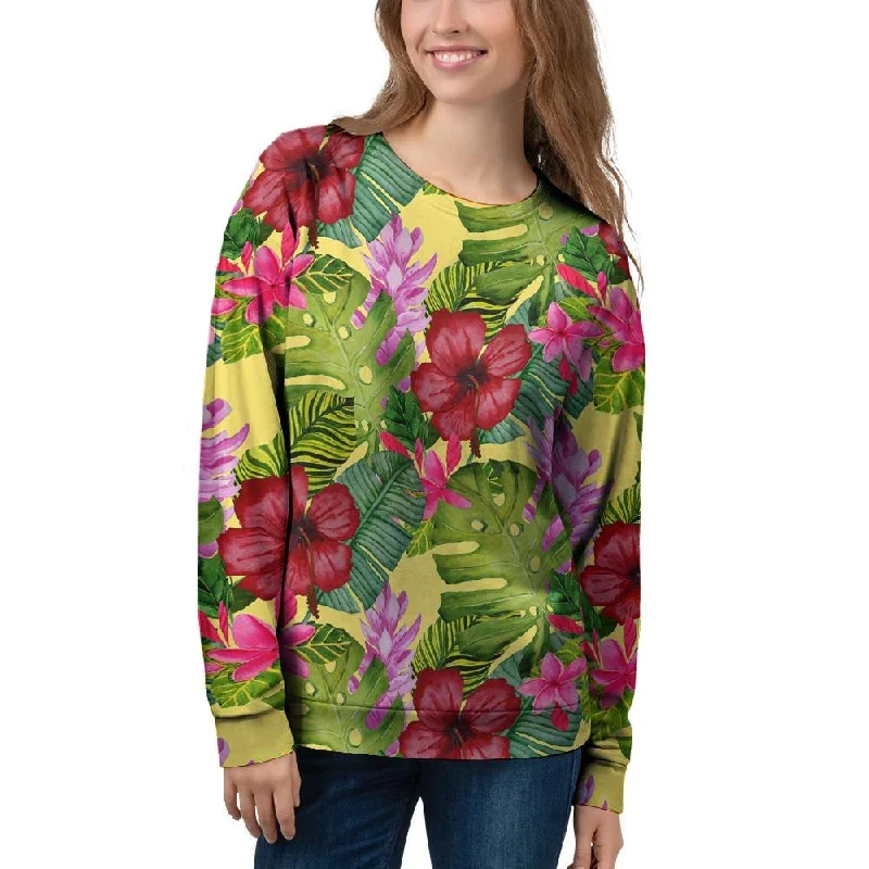 Watercolor Hibiscus Floral Hawaiian Print Women's Sweatshirt Hoodie with Tied Waist Feminine Flattering Watercolor Hibiscus Floral Hawaiian Print Women's Sweatshirt Hoodie with Tied Waist Feminine Flattering