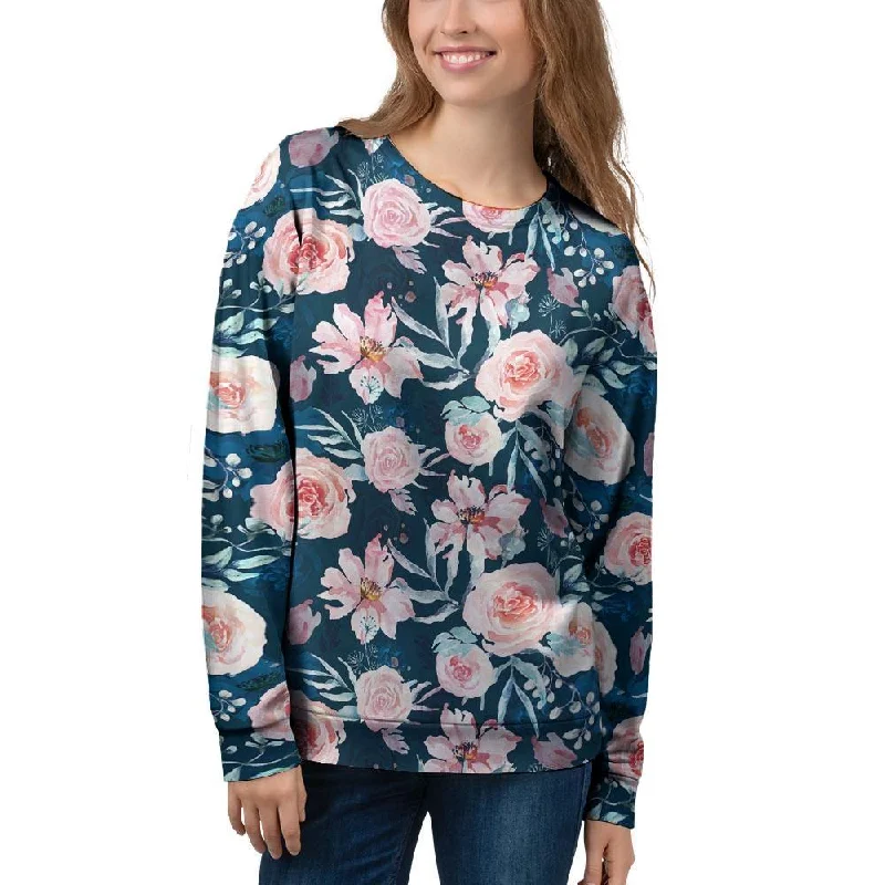 Watercolor Pink Rose Floral Women's Sweatshirt Hoodie with Half-Zip Sporty Casual