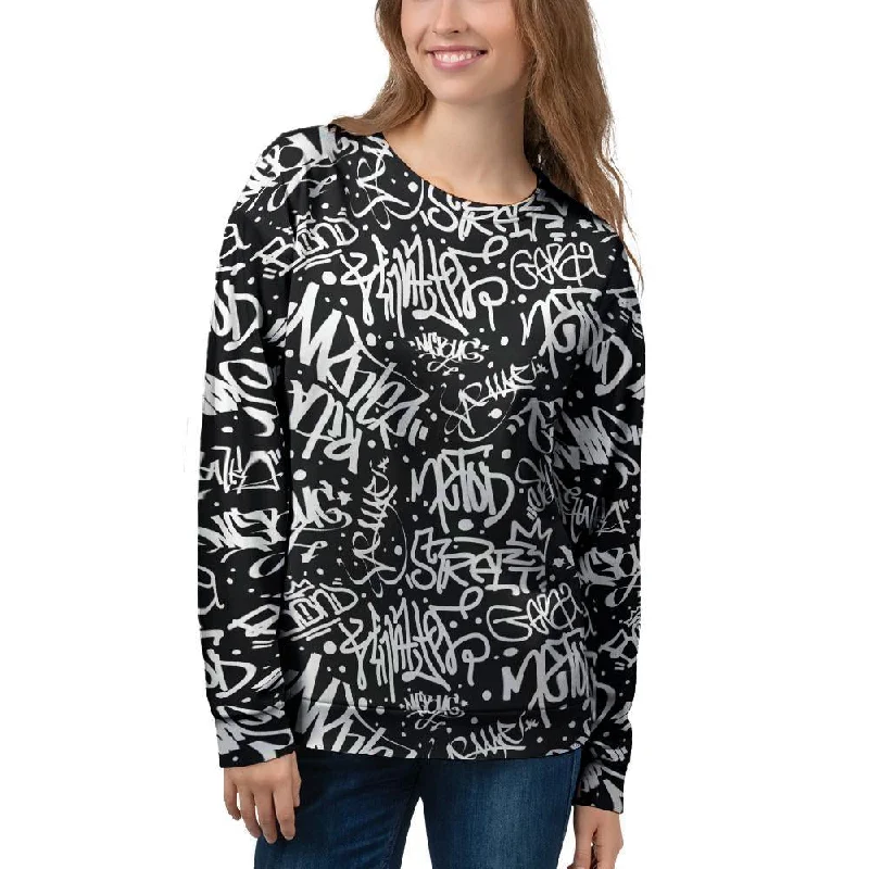 White And Black Graffiti Doodle Text Print Women's Sweatshirt Hoodie with Turtle Neck Cozy Winter White And Black Graffiti Doodle Text Print Women's Sweatshirt Hoodie with Turtle Neck Cozy Winter