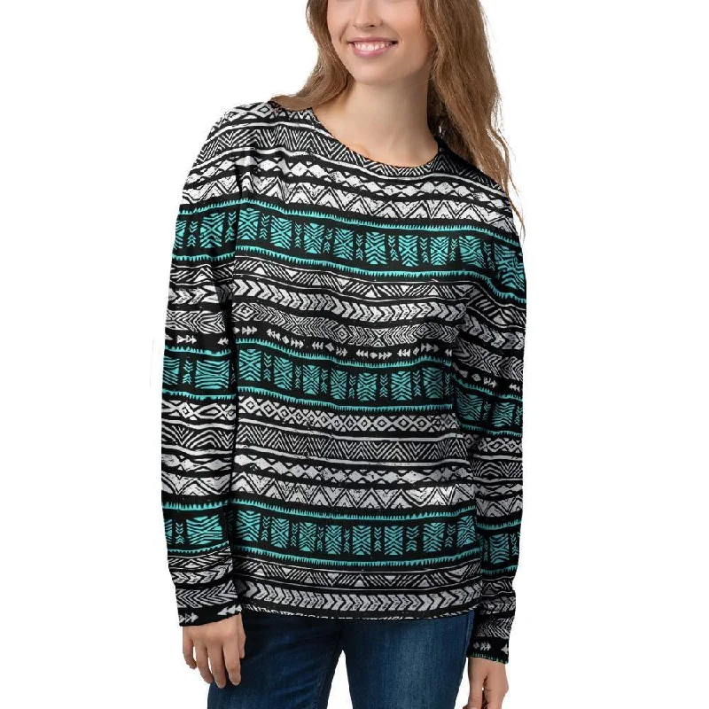 White and Turquoise Tribal Navajo Hand Drawn Women's Sweatshirt Hoodie with Slim Fit Tailored Modern White and Turquoise Tribal Navajo Hand Drawn Women's Sweatshirt Hoodie with Slim Fit Tailored Modern