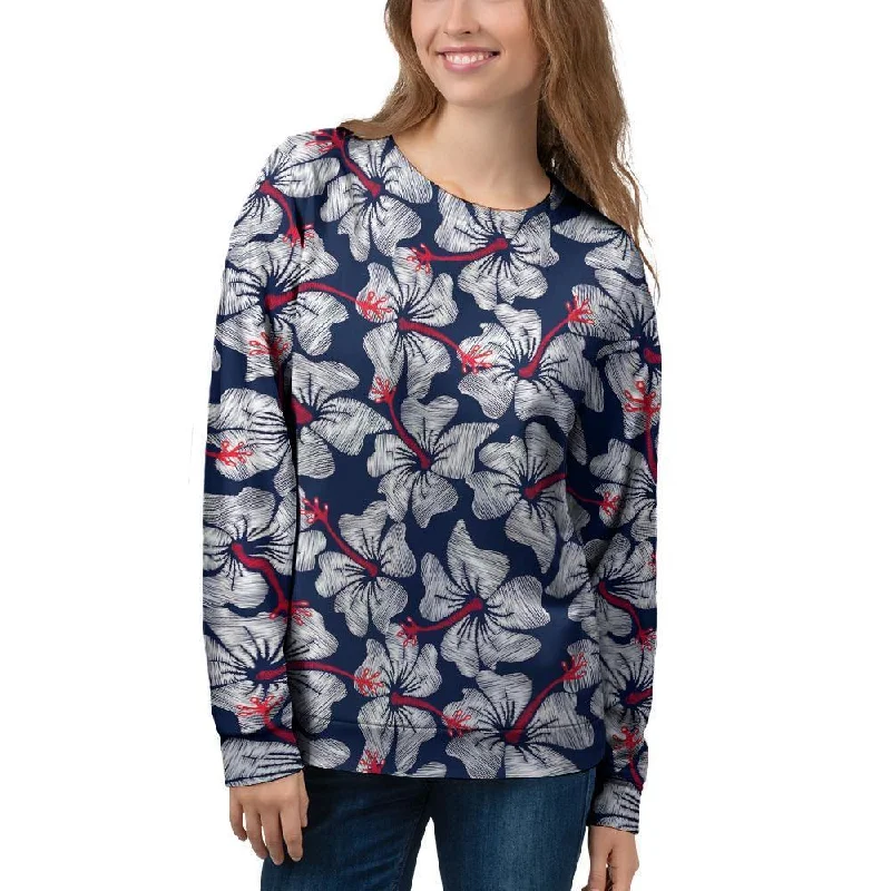 White Hibiscus Tropical Floral Hawaiian Print Women's Sweatshirt Hoodie with Mesh Breathable Sporty