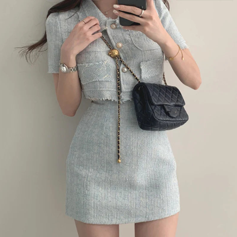 Women Summer Two 2 Piece Set Korean Style Elegant Single Breasted Tassel Short Sleeve Tops and High Waist Bodycon Mini Skirt denim skirt fashionable