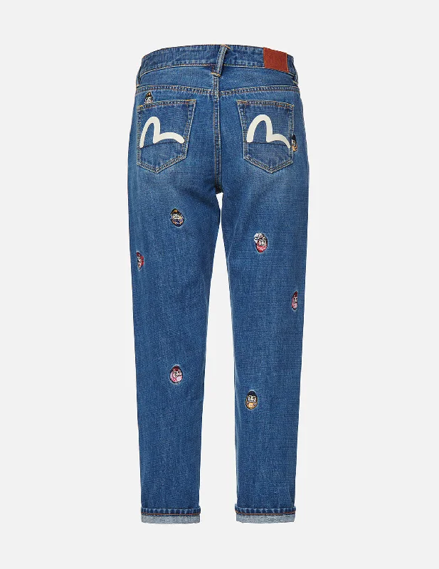 Allover Daruma Embroidered Relax-Cut Denim Jeans Classic Blue Denim Jeans