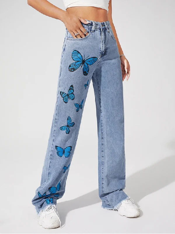 DressBetty - Blue Butterfly Straight Jeans Comfortable Distressed Straight-Leg Jeans