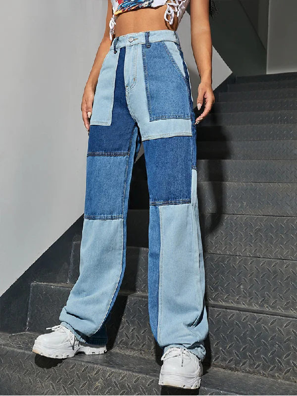 DressBetty - Straight Pants Stitching Jeans Chic Faded Blue Jeans