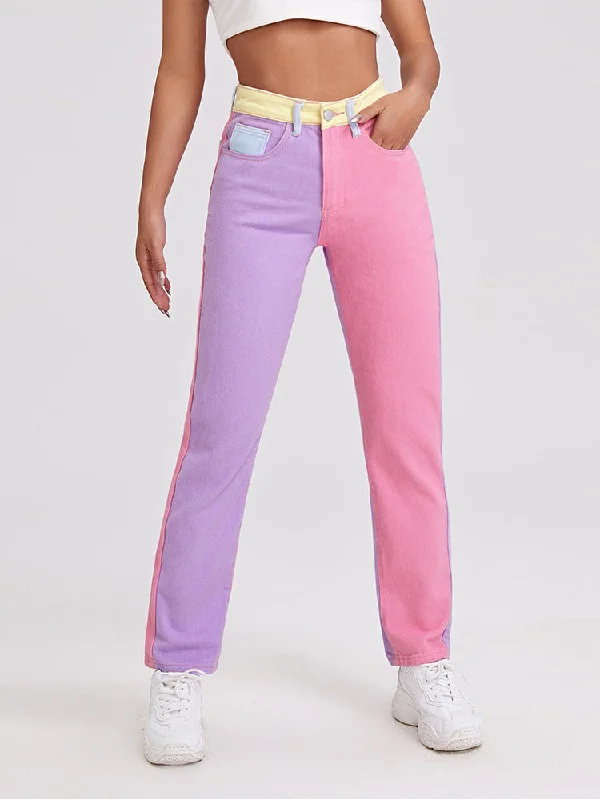 DressBetty - Splicing Contrast Jeans Stylish Paperbag Waist Denim