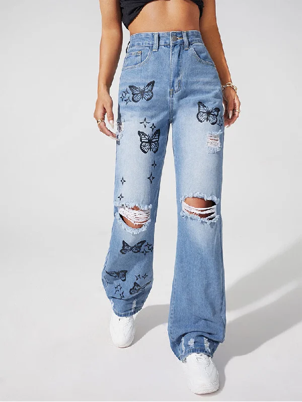 DressBetty - Street Butterfly Printed Jeans Comfortable Faded High-Rise Jeans