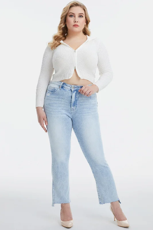 BAYEAS Full Size High Waist Raw Hem Washed Straight Jeans Classic Blue Denim Jeans