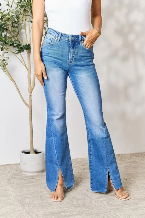 BAYEAS Slit Flare Ladies Jeans Fashionable Slouchy Fit Jeans