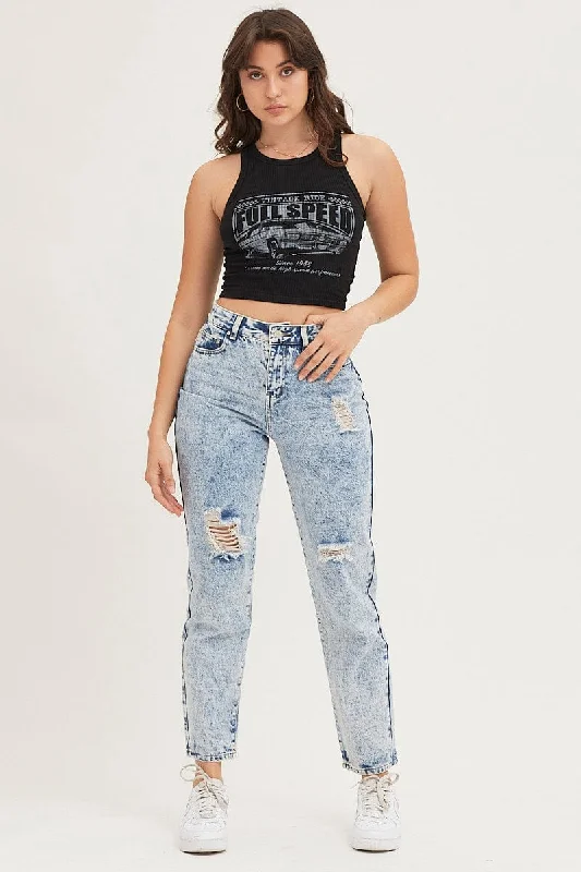 Blue Denim Jeans Mom High Rise Fashionable Cropped Denim Jeans