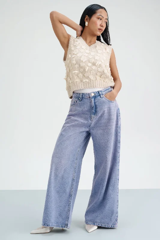 Blue Blush Cropped Wide Leg Jeans Trendy Layered Pocket Jeans