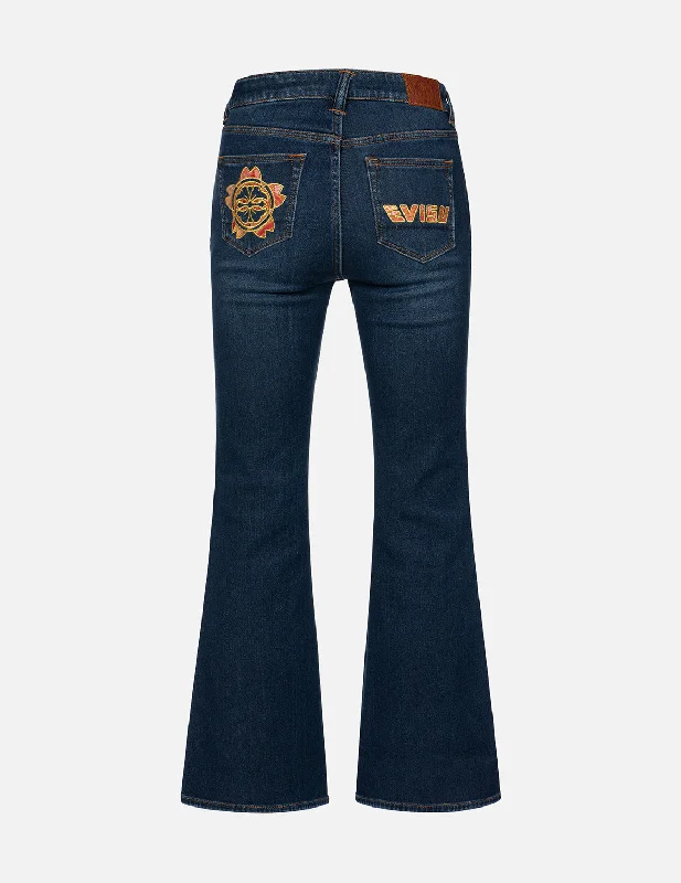 Brocade Kamon and Logo Boot Cut Jeans Comfortable Straight-Legged Denim