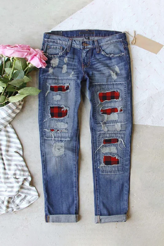 Buffalo Plaid Patches Distressed Straight Jeans Stylish Relaxed Fit Skinny Jeans