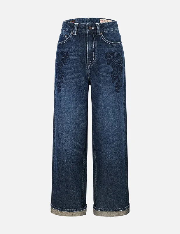Butterfly and Seagull Embroidery Wide-leg Jeans Fashionable Vintage Wash Jeans