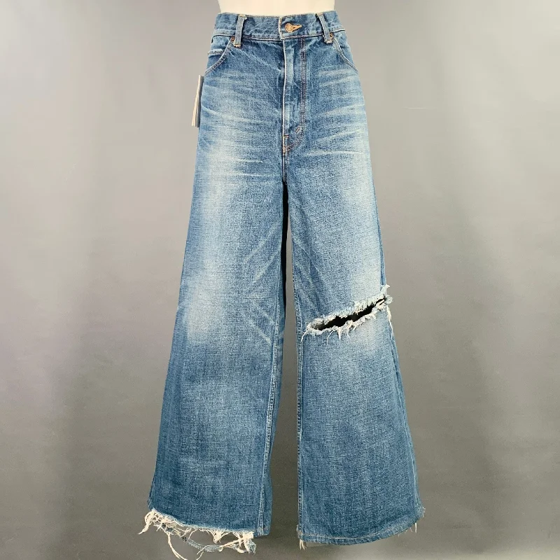 CELINE Size 32 Marco Blue Cotton Distressed Raw Edge Wide Leg Jeans Chic Dark-Wash Skinny Jeans