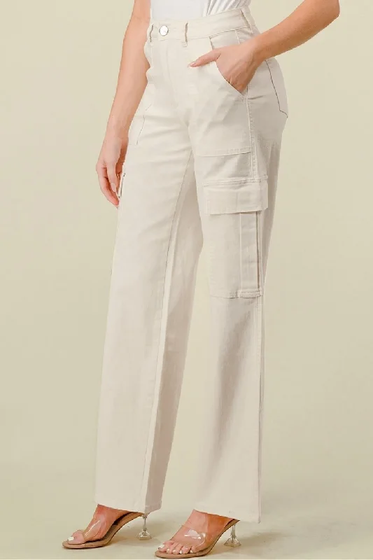 ELENA HIGH WAISTED CARGO JEANS - IVORY Fashionable Distressed Jeans