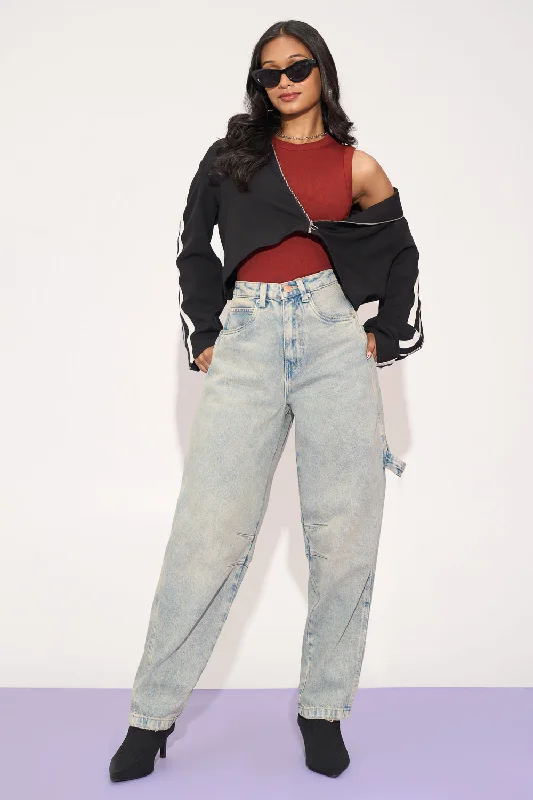 Dewy Blue Twisted Barrel Leg Jeans Trendy Vintage Denim Jeans