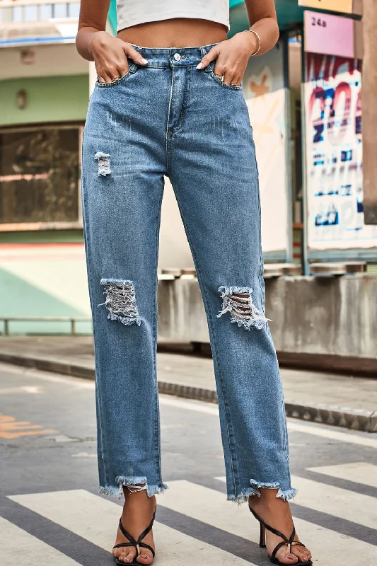 Distressed Buttoned Loose Fit Jeans Casual Loose Fit Jeans