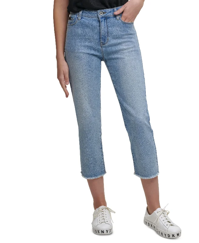 DKNY Jeans Rivington Slim Straight Cropped Raw Hem Jeans Chic Double Waistband Jeans
