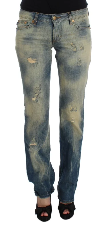 Elegant Slim Bootcut Blue Jeans Comfortable Distressed Straight-Leg Jeans