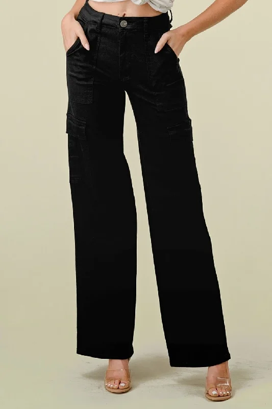ELENA HIGH WAISTED CARGO JEANS - BLACK Trendy Bootcut High-Waisted Jeans