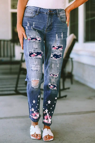 Flower Patched Distressed Ladies Jeans Trendy Bootcut High-Waisted Jeans