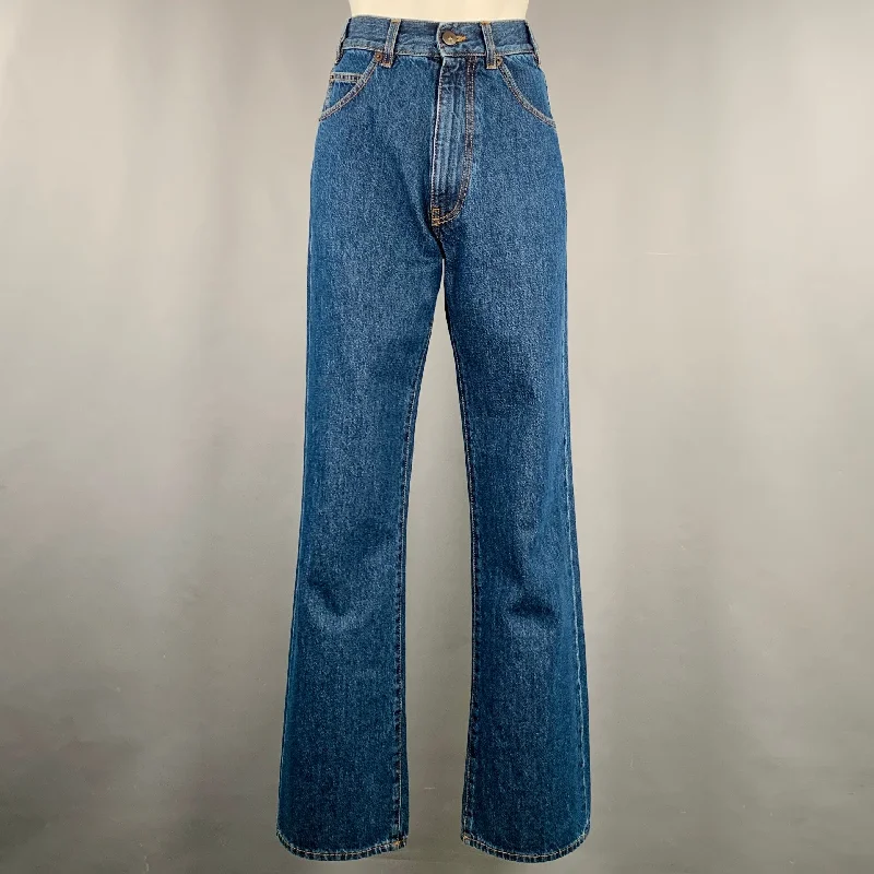 G Size 27 Blue Cotton High Waisted Wide Leg Jeans Stylish Shredded Denim Jeans