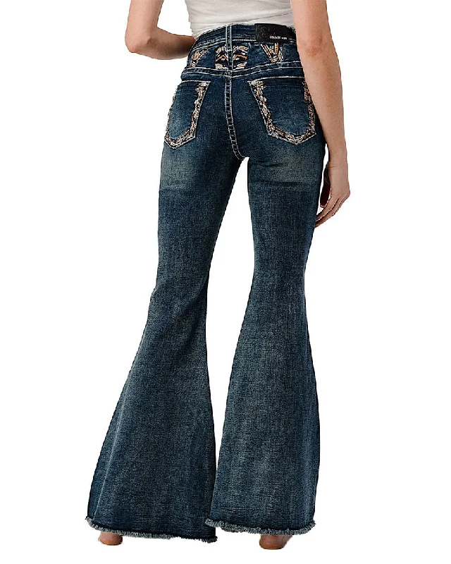 Women's Embroidered Yoke Flare Jeans Fashionable Raw Edge Jeans