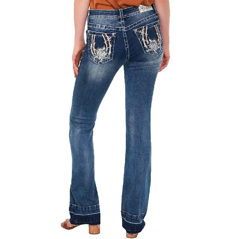 Grace in La Women's Horseshoe Floral Bootcut Jeans Stylish High-Waisted Denim