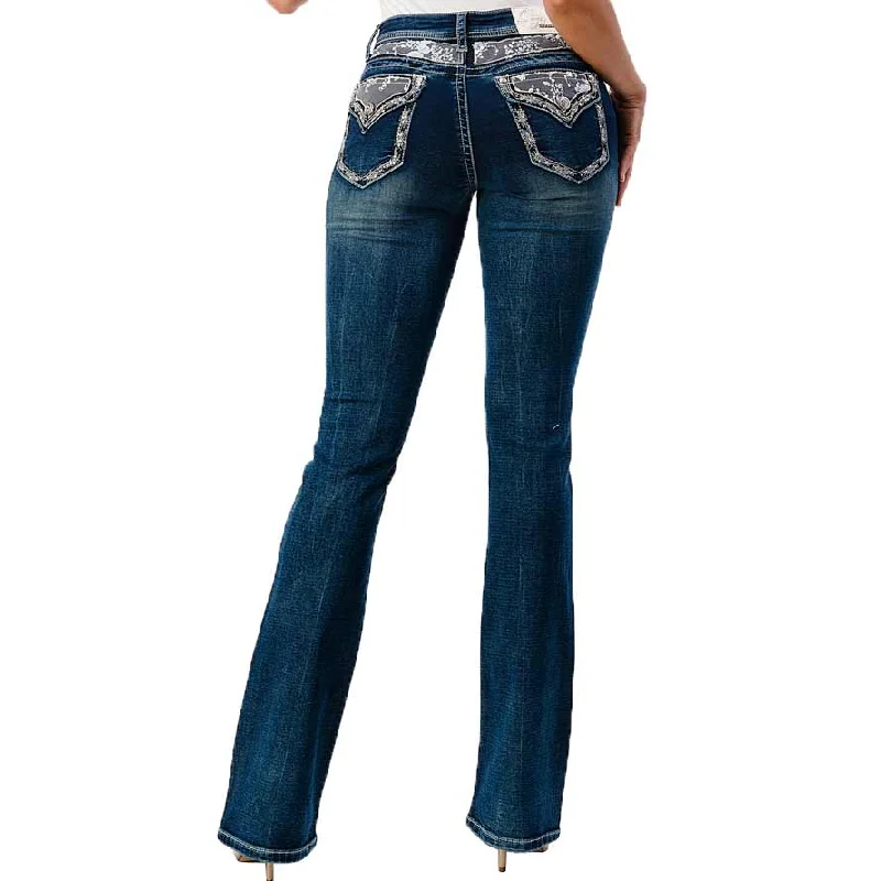 Grace in LA Women's Lace Yoke Bootcut Jeans Fashionable Raw Hemmed Jeans