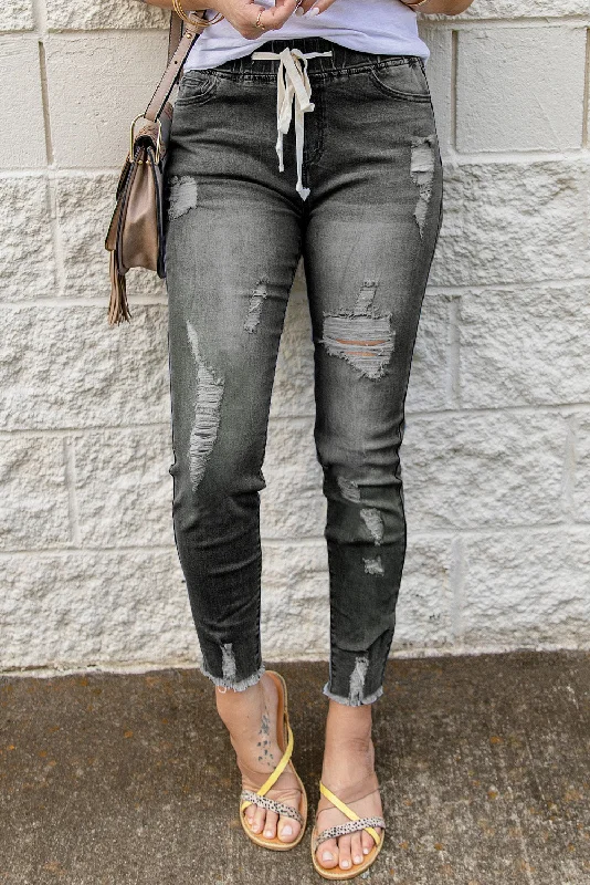 Gray Drawstring Elastic Waist Hole Ripped Jeans Trendy Button-Up High-Waist Jeans