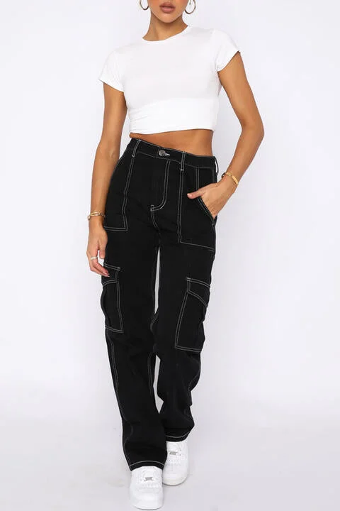 High Waist White Stitched Ladies Cargo  Jeans Stylish Relaxed Fit Skinny Jeans