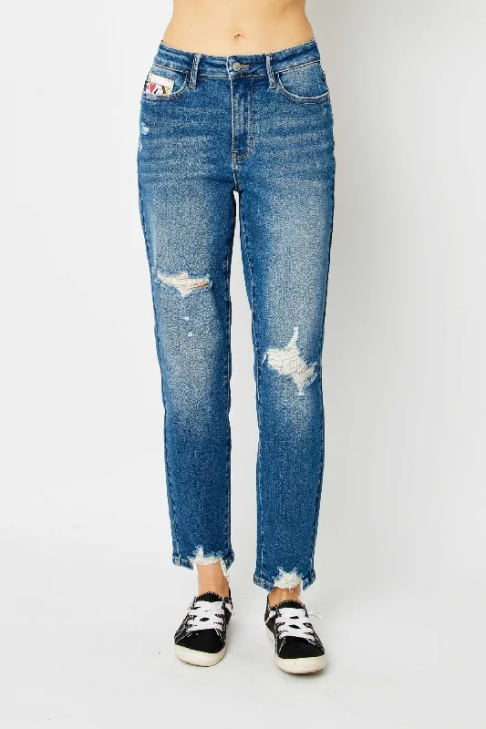 Blue Distressed Slim Jeans Fashionable Mom Jeans